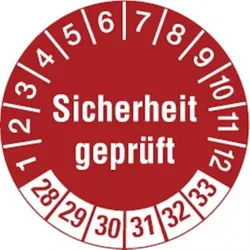 Dreifke® Aufkleber | Prüfetikett Sicherheit geprüft ab 28 rot/weiß - 30 mm Folie selbstklebend, 10 St