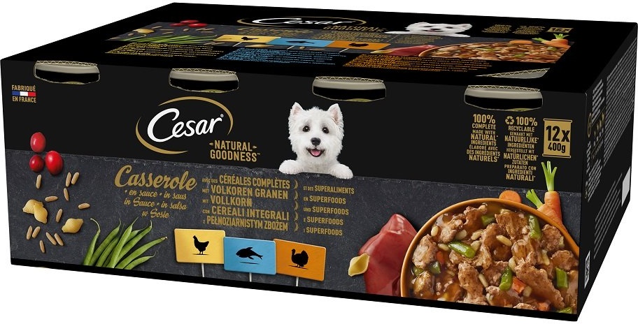 CESAR Natural Goodness Casserole 12x400 g mit Huhn, mit weißem Fisch, mit Pute in Sauce mit Vollkorngetreide für Hunde