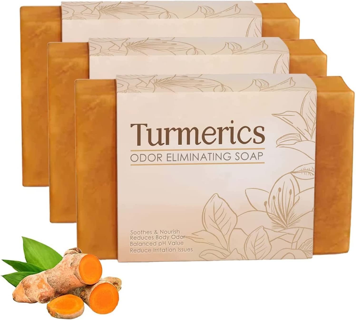 Turmeric Odor Eliminating Soap, Turmeric and Honey Soap Bar, Turmeric Skin Brightening Soap, Cleansing Natural Handmade Soap for All Skin 100g (3pcs)