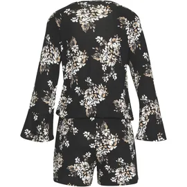 LASCANA Overall LASCANA, Damen, Gr. 36, N-Gr, beige (schwarz, creme, bedruckt), Jersey, Obermaterial: 100% Viskose, bedruckt, figurumspielend kurz, V-Ausschnitt, Volant, Overalls Overall, mit Volant am 3/4-Arm, kurzer Jumpsuit mit Blumenprint