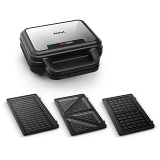 Tefal Ultracompact 3-in-1 Sandwich-Waffel-Panini Kombigerät, Antihaftbeschichtung, wärmeisolierter Griff, Edelstahl/Schwarz, SW383D10,