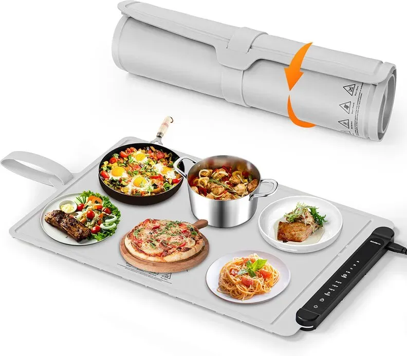 ZCJSHX Silikon Speisenwärmematte, Elektrische Wärmplatte mit 3 Temperatur- und 4 Timerstufen, Faltbar für Buffet und Auftauen