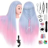TopDirect Trainingskopf für Friseure 75cm/29.5 Zoll Frisurenkopf Langhaar 100% Synthetische Haare Übungskopf Friseur Puppe mit Flechthilfe & Halterung, Hellblau + Rosa