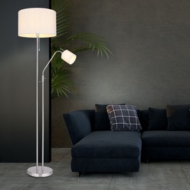 GLOBO Stehleuchte Wohnzimmer sandfarben Deckenfluter mit Leselampe Stehlampe Stoffschirm Zugschalter, Leseleuchte mit Kippschalter, nickel matt, 1x E27 1x E14, DxH 40 x 175 cm