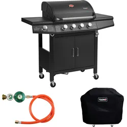 TAINO RED 4+1 inkl. Abdeckhaube Gasminderer Schlauch Gasgrill Grillwagen BBQ Edelstahl-Brenner Gas-Grill Schwarz