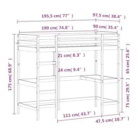 vidaXL Hochbett mit Schreibtisch 90x190 cm Massivholz Kiefer