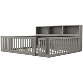 SOFTWEARY Kinderbett mit Lattenrost, und Zaun, 140x200 cm, Jugendbett, Rausfallschutz, Stauraum, Kiefer Grau