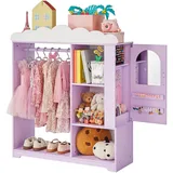 Vevor Kinderkleiderschrank 91x30x103cm, Kindergarderobe mit Spiegel Kleiderstange Ablagen, Verkleidungsschrank aus MDF mit Schmuckkästchen für Mädchen, Kinderschrank für Kostüme Spielzeug Puppen, Lila