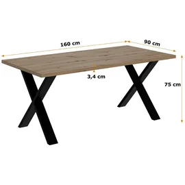 altdecor Esstisch, Eiche, Holzwerkstoff, Rechteckig,Rechteckig, X-Form, 90x75x160 cm, Esszimmer, Tische, Esstische
