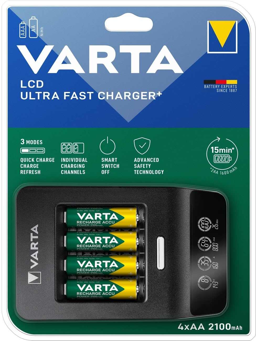 VARTA Akku Ladegerät, inkl. 4x AA 2100mAh, Batterieladegerät für wiederaufladbare AA/AAA, LCD Ultra Fast Charger+, Einzelschachtladung, 3 Modi: Schnellladen, Laden, Auffrischen, inkl. 12V Adapter