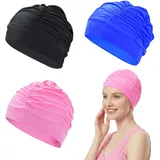 3 Stück Damen Badekappen, Atmungsaktive Schwimmkappen aus Polyester, Elastische & Faltenoptik Badehauben, Extra Groß für Lange Haare, Geeignet für Hallenbad & Urlaub