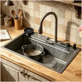 OMGMTSTORE Wasserfall-Küchenspüle Mit Messerhalter 80x45 cm,Schwarz Grau Edelstahlspüle,Spülbecken mit Digitale Anzeige Armatur,Überlauf,Siphon,Ablaufgarnitur,Ersatz-Innenspüle,Schneidebrett