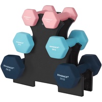 SONGMICS Hanteln, Hantelset, Kurzhanteln, Hexagon, mit Hantelständer, 2 x 1 kg, 2 x 2 kg, 2 x 3 kg, Vinyl-Beschichtung, Krafttraining, rosa, aquamarin und blau SYL612MK