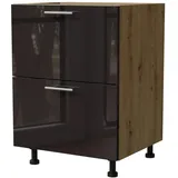 Feldmann-Wohnen Schubladenunterschrank, Schwarz Hochglanz, Eiche Artisan, Holzwerkstoff, 2 Schubladen, Rechteckig, 60x82x50 cm, Küchen, Küchenmöbel, Küchenschränke, Küchenunterschränke