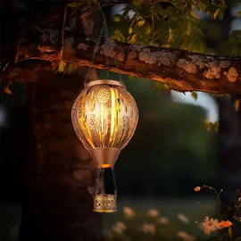 GLOBO 2er Set LED Solarleuchte Heißluftballon Feuereffekt Außenleuchte Hängelampe Terrassenleuchte, Dekorstanzugen, braun