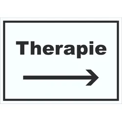 Therapie Schild mit Text und Richtungspfeil rechts Raum Behandlung waagerecht A4 (210x297mm)