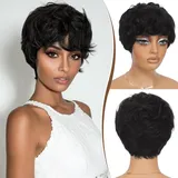 RUWISS Pixie Cut Perücke Echthaarperücken Natürliche Kurze Perücken mit Pony für Schwarze Frauen Geschichtete Gewellte Verschiedene Stil Kurze Perücken (1B# Schwarz)