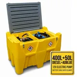 TFF Kraftstofftank 400L und AdBlue 50L Tragbar mit 12V Kraftstoffpumpe, Durchflussrate 40 l/min, Dieselpumpe mit Batterieanschlusskabel und 4m flexiblem Schlauch mit automatischer Betankungspistole