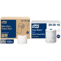 Tork 127530 weiches Midi Toilettenpapier in Advanced Qualität für Tork T6 Toilettenpapier Doppelrollenspender 27er Pack & Matic weiches Rollenhandtuch Premium 290016 - H1 Premium Handtuchrollen