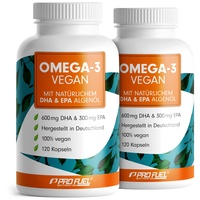 Omega-3 vegan Kapseln 240x - 2000 mg Algenöl pro Tag - hochdosiert mit 600mg DHA + 300mg EPA - hochwertige Omega-3 Algenöl Kapseln vegan - DHA:EPA Verhältnis 2:1 - laborgeprüft mit Analyse-Zertifikat