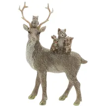 Dekohelden24 Hirschdeko, Deko-Rentier, Deko-Hirsch, Hirsch mit Geweih und auf ihm sitzenden Fuchs, Eule und Eichhörnchen aus Keramik in grau, Größe L/B/H ca. 15 x 6 x 19 cm.
