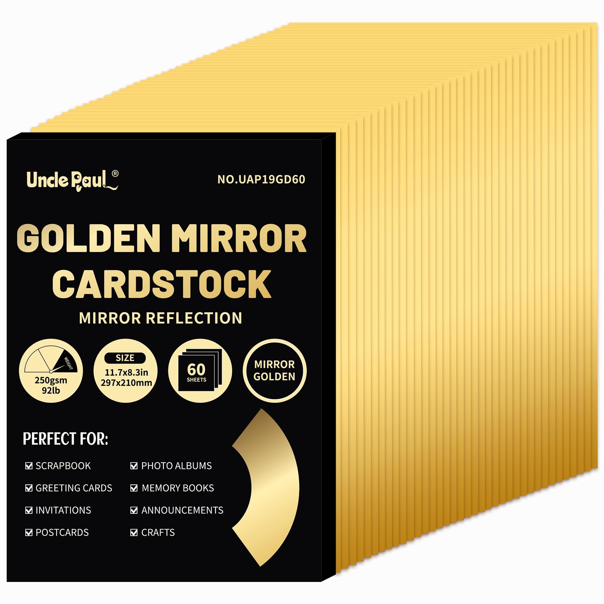 A4 Golden Mirror Cardstock Paper, 60 Blatt 250 g/m2/92 Ib Metallic-Reflektionspapier zum Basteln, Folienkarton für Geburtstagsparty-Dekoration UAP19GD60