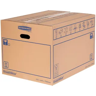 Bankers Box Umzugskarton 100L SmoothMove, 100% recycelte Wellpappe, mittlere Stabilität, mit Tragegriffen und Beschriftungsfeldern, 10 Stück