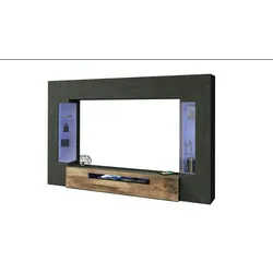 Dmora Ausgestattete Wand Dberard, 6-türiges TV-Ständer-Wohnzimmerset mit LED-Licht, 100 % Made in Italy, 290 x 40 x 191 cm, Anthrazit und Ahorn,