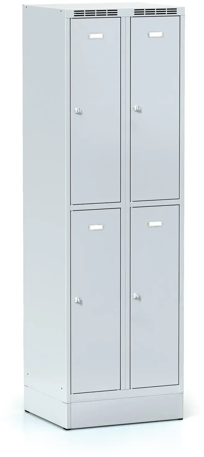 Schließfachschrank S6 auf Sockel, 4 Fächer, 1920 x 600 x 500 mm, Drehriegelschloss, graue Tür