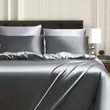 Gezu Satin Bettwäsche Hellgrau 155x220cm Einfarbig Wendebettwäsche Grau Dunkelgrau Mako-Satin Seide Glatt Seidig Glänzend Bettbezug Set mit Reißverschluss und Kissenbezug 80x80cm