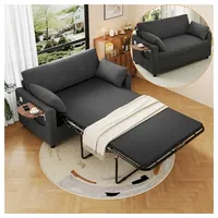 OKWISH Schlafsofa 2-Sitzer Sofa 134x82x84 cm aus Cord mit Schlaffunktion, Matratze, 2 Laken & Kissen für Apartments 1 Teile, USB‐Anschluss, Klapptisch & Seitentasche grau
