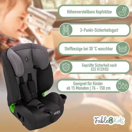 fablekids Kinderautositz mit Isofix | Autokindersitz ab 15 M. | Autositz für Kinder 76-150cm | 3-Punkt-Gurt | ECE R129/03 | Grau