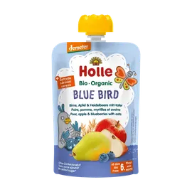 Holle Europe GmbH Bio Pouchy Blue Bird, Birne, Apfel & Heidelbeer mit Hafer ab 6 Monaten,