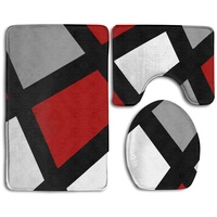 JOOCAR 3-teiliges Set Badematte + WC-Deckelbezug + Badvorleger + Badematte rot grau schwarz weiß geometrisch weich und schön Heimdekor Badvorleger