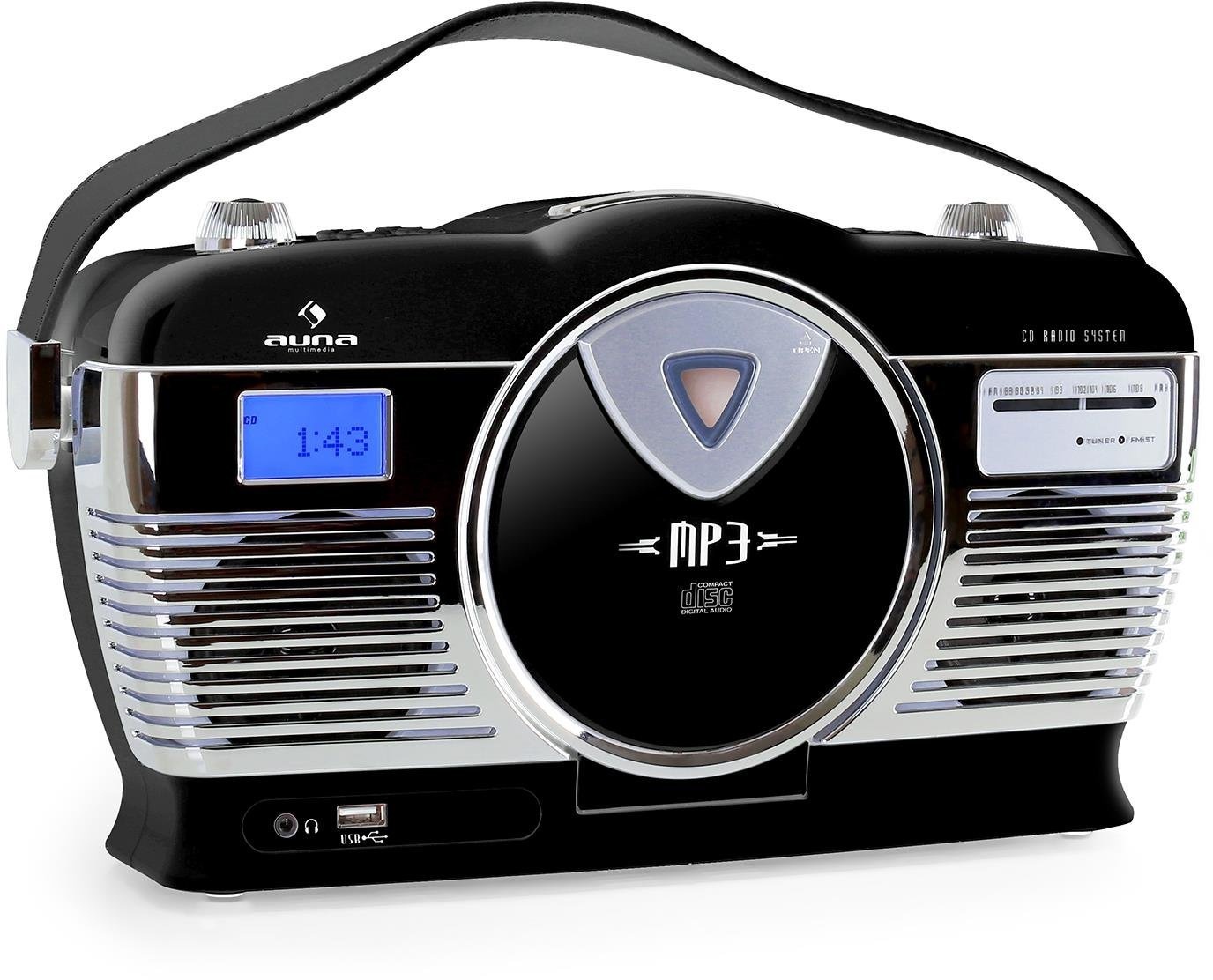 auna RCD-70 Retro CD-Radio Nostalgie Radio (UKW Radio, MP3-fähiger USB-Port, frontlader CD- / MP3-Player, programmierbare Wiedergabe, Zufallswiedergabe, Netz- / Batterie-Betrieb, Tragegriff) schwarz