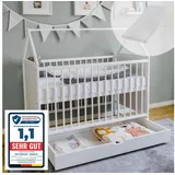 Kids Collective Babybett Beistellbett Kinderbett 60x120 cm mit Schublade & Matratze Hausbett Baby Bett 120x60 cm weiß mit Schublade, höhenverstellbar und umbaubar | von Geburt bis 3. Lebensjahr