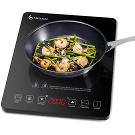 amzchef Induktionskochplatte,2000W Einzelinduktionskochfeld mit schlankem Design, 20 Leistungsstufen,20 Temperatureinstellungen, Sicherheitsverriegelung,3-Stunden-Timer, Schwarz