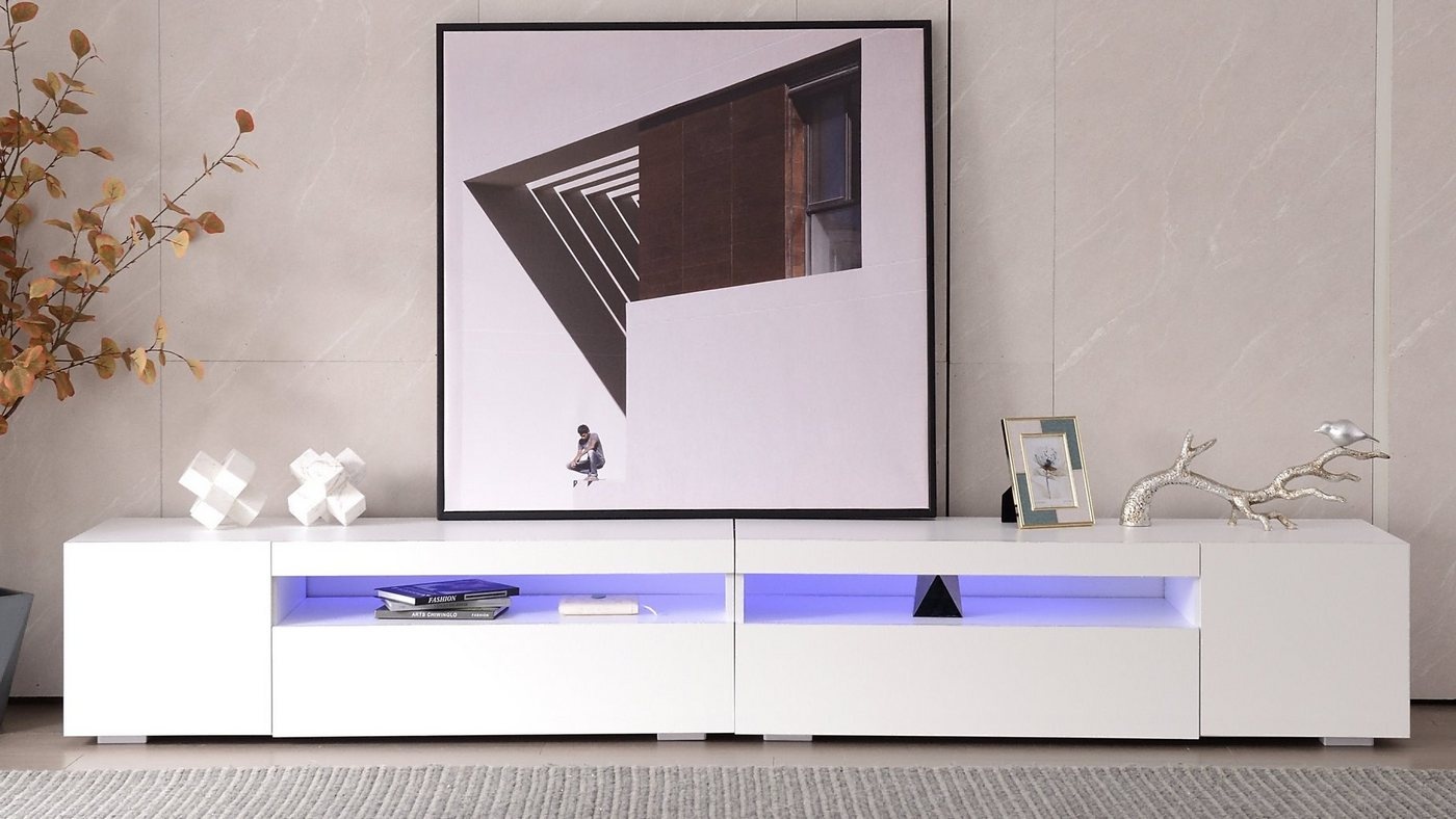 Ulife Lowboard weißer TV-Schrank, Tischplatte & Türverkleidungen, TV-Kommode mit variable LED-Beleuchtung, B:240cm weiß