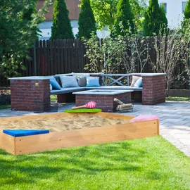 Relaxdays Sandkasten, 4 Bunte Ecksitze, Sandkasten-bausatz, Tannenholz, Sandkiste, Natur, 12 x 90 x 90 cm, Outdoor Spielzeug, Sandkästen