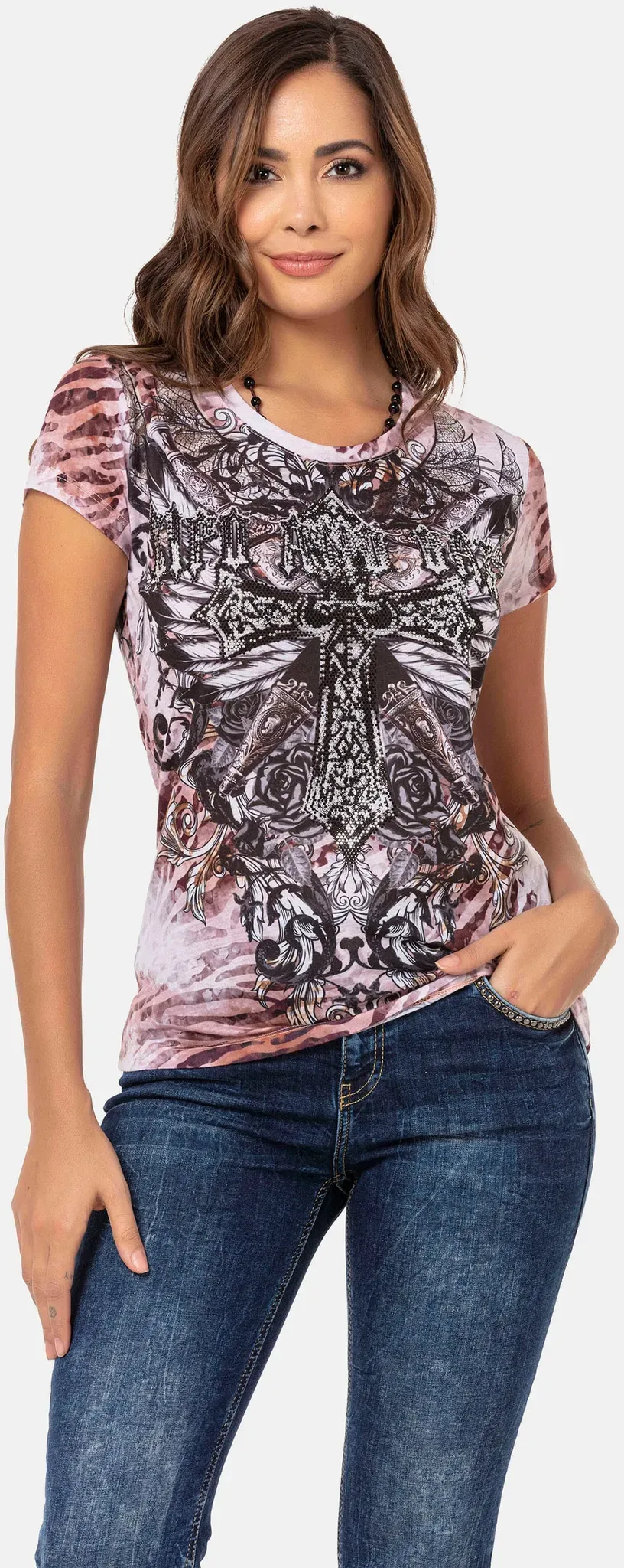 T-Shirt CIPO & BAXX Gr. S, braun (braun, mehrfarbig) Damen Shirts Print mit funkelndem Steinbesatz