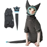 SNIXFEVER Sphynx Katzenkleidung, schwarz, gestreift, atmungsaktiv, Haustiermütze und Hemd, Set (klein)