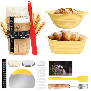 luojinyi Sauerteig Starter Set, 16 Stück Brot Backen Zubehör, Brotbackset Einschließlich 2 Gärkorb Aus Silikon, Sauerteig Glas, Schaber, Brotschneidemesser, Bürste, Brotkonturierungsmesser usw.