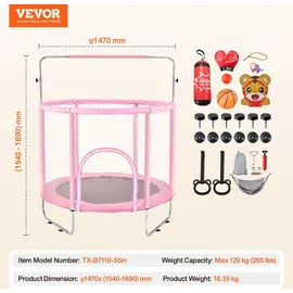 Vevor Kindertrampolin Trampolin Mini Freizeittrampolin 147 cm für Kleinkinder einstellbar mit Sicherheitsnetz & Basketballkorb, Geburtstagsgeschenk Weihnachtsspielzeug für Kinder ab 3 Jahren Rosa