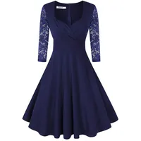 KOJOOIN Damen 50er Vintage Kleid Retro/Cocktailkleid/Abendkleid/Ballkleid Rockabilly V-Ausschnitt Kleid Knielang Langarm Navyblau Dunkelblau M - M