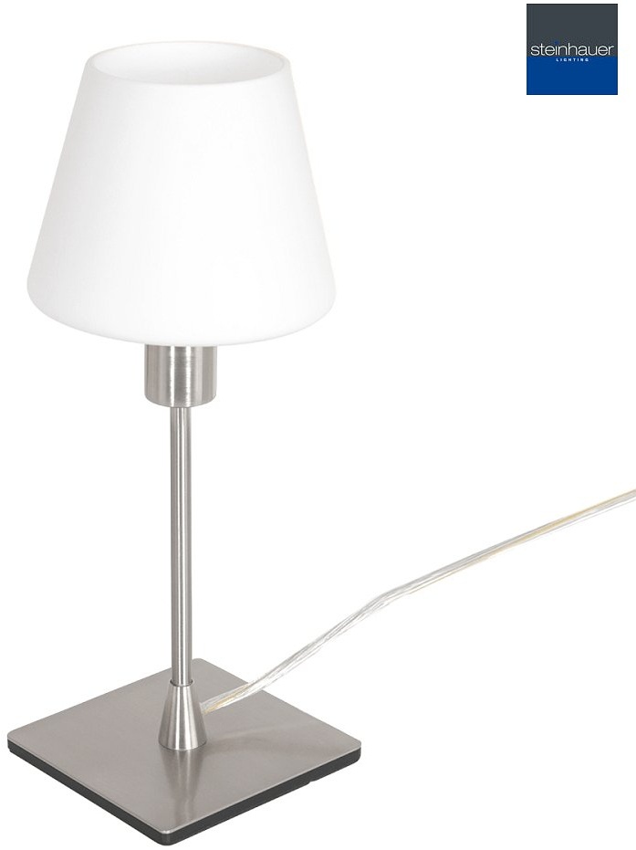Steinhauer Tischleuchte ANCILLA, 33cm, mit kurzem Schirm, E14, mit Touch-Dimmer, Stahl gebürstet / Opalglas weiß STE-3100ST