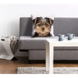 Dekokissen QUEENCE "Ines", braun (braun, bedruckt), B:40cm L:40cm, Polyester, Dekokissen_Sitzkissen_Kissenhüllen, Kissenhülle,Hund,Süß,Tiermotiv,Niedlich,Verspielt,Zart,Fröhlich
