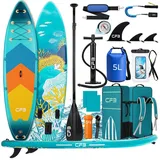 CFB SUP-Board Set 335x86x15 cm, extra breites Stand Up Paddle Board, aufblasbares iSUP, (Komplett-Set, mit Paddel, Pumpe, Rucksack, Leash, Dry Bag, Handyhülle & Schultergurt), maximal 200 kg belastbar, für Anfänger & Erwachsene grün