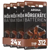 ABSINA Hörgerätebatterien 312 24 Stück mit gut greifbarer Schutzfolie - Batterien für Hörgeräte 312 Zink Luft mit 1,45V - Typ 312 Hörgeräte Batterie Braun - PR41 ZL3 P312 Hörgerätebatterien