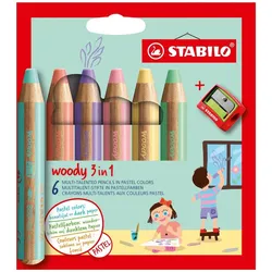 Buntstift, Wasserfarbe & Wachsmalkreide - STABILO woody 3 in 1 PASTELL - 6er Pack mit Spitzer - mit 6 verschiedenen Farben