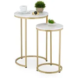 Relaxdays Satztisch, 2er Set, 2 Größen, Marmoroptik, Metall, runde Beistelltische, Wohnzimmer Couchtisch, weiß/Gold